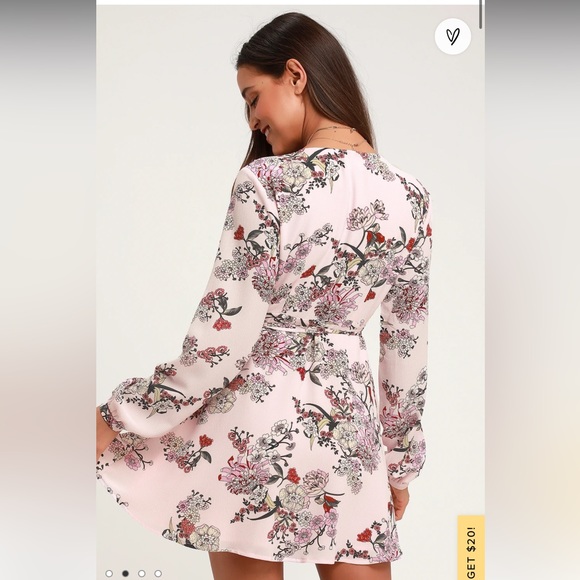 Lulu’s What a Time Pink Floral Print Long Sleeve Wrap Dress - Picture 2 of 4